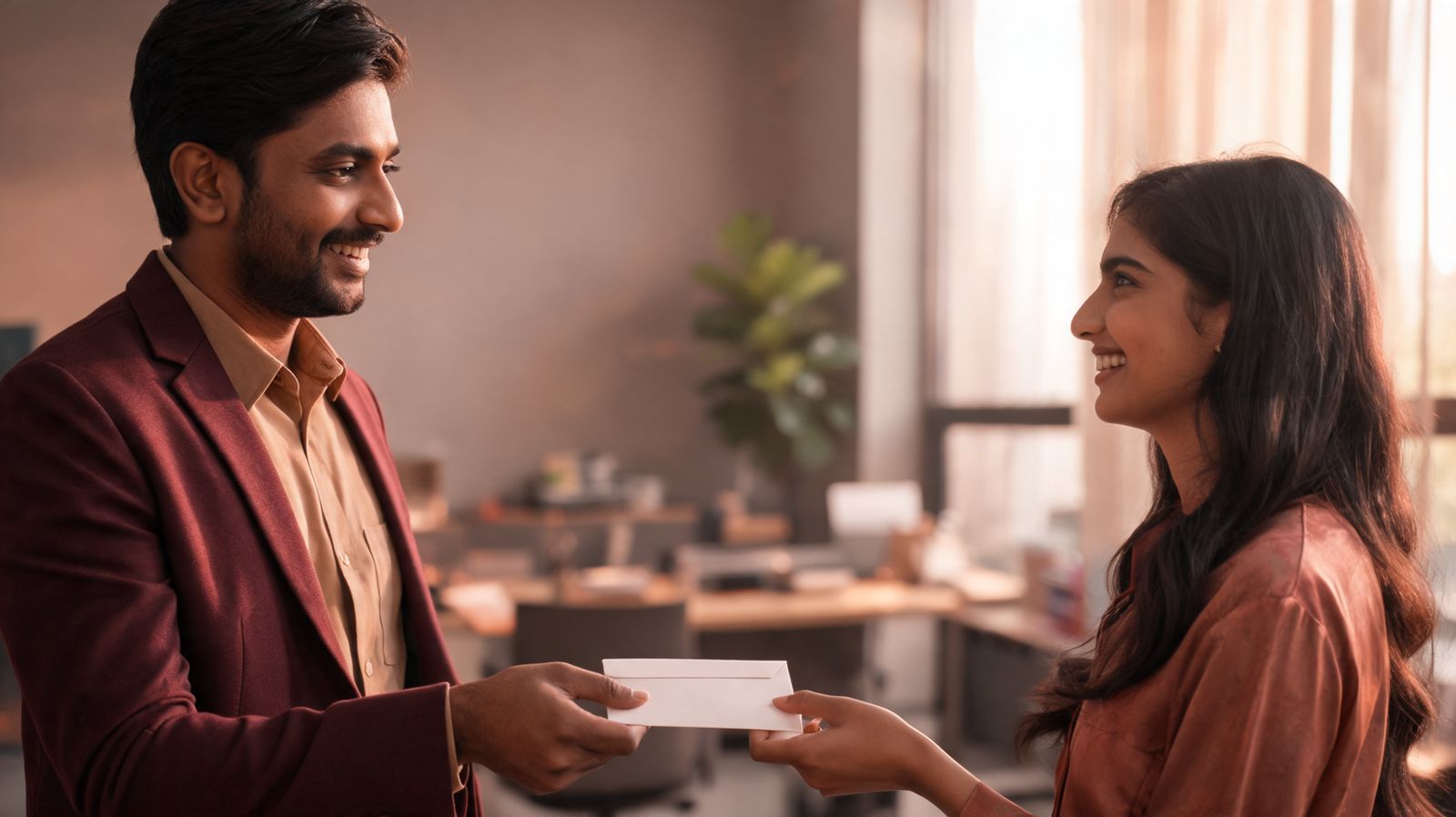 A business owner handing a paycheck to a smiling employee