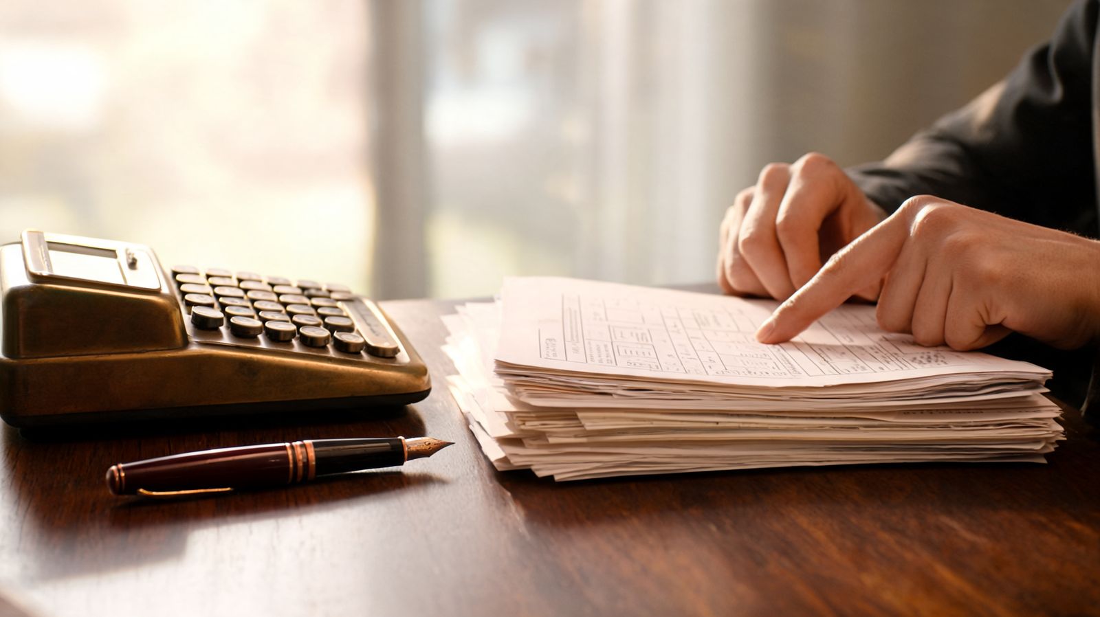 Hands reviewing tax documents beside a brass calculator